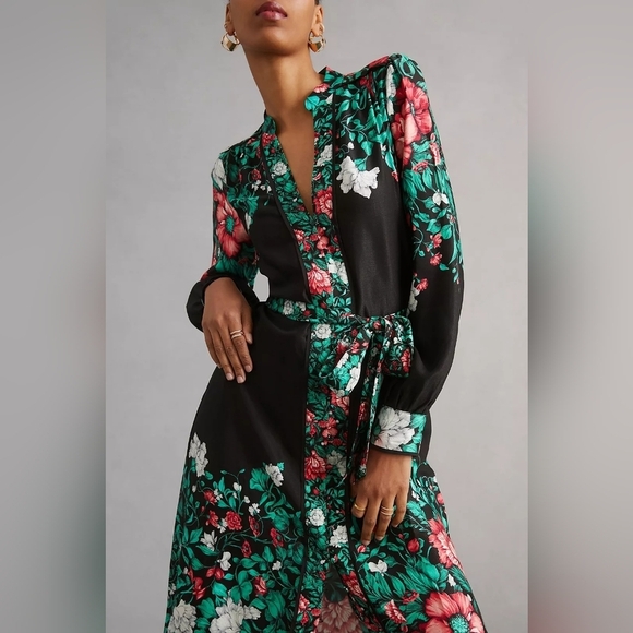 Anthropologie Black Floral Midi Shirt Dress MP - Picture 5 of 8